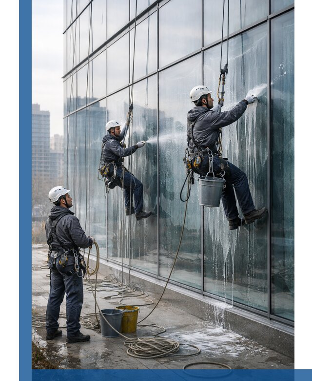 Промышленная мойка панорамных окон на высоте в Владикавказе