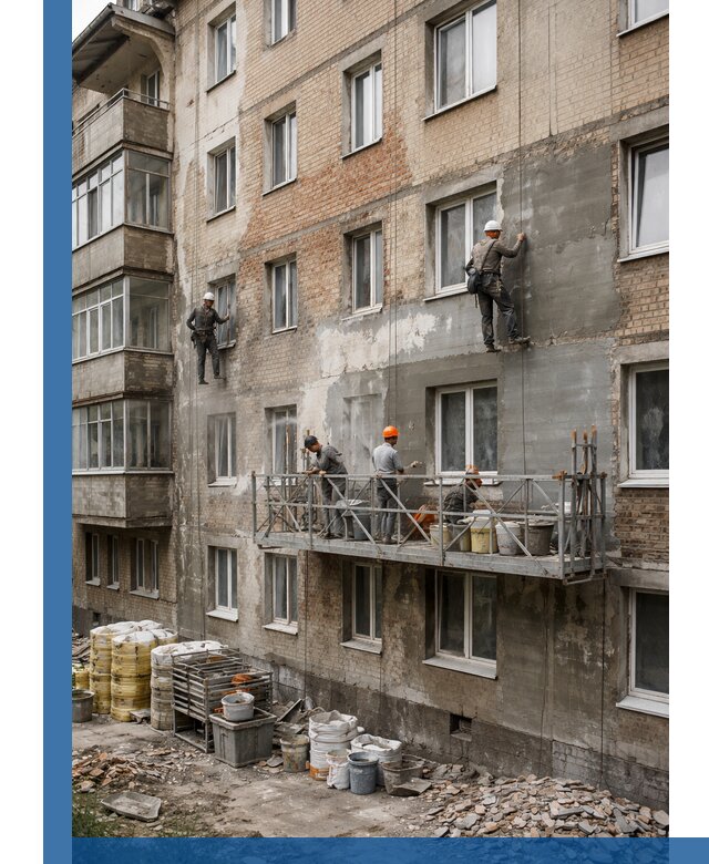 Капитальный ремонт фасада в Владикавказе с восстановлением и гидроизоляцией