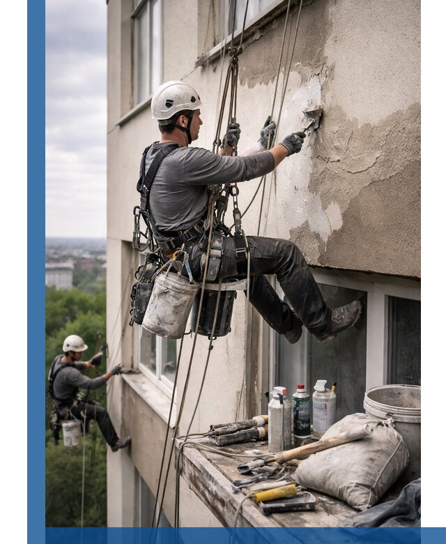 Косметический ремонт фасада зданий в Владикавказе промышленными альпинистами