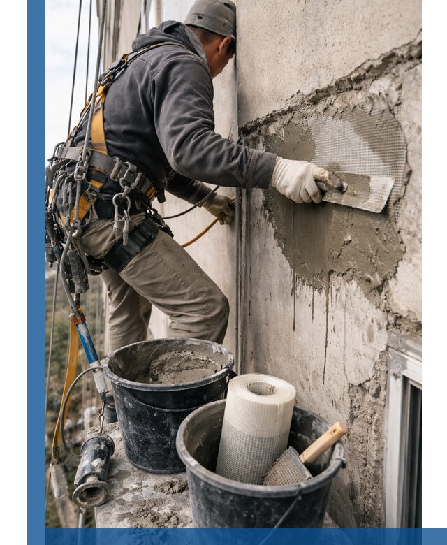 Ремонт бетонных элементов фасада промышленными альпинистами в Владикавказе