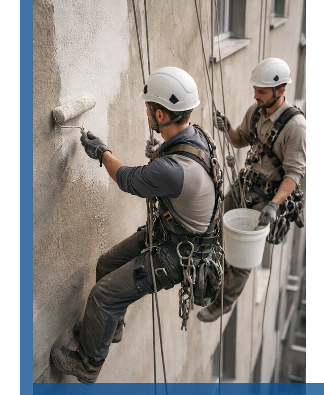 Грунтовка фасада на высоте в Владикавказе промышленными альпинистами