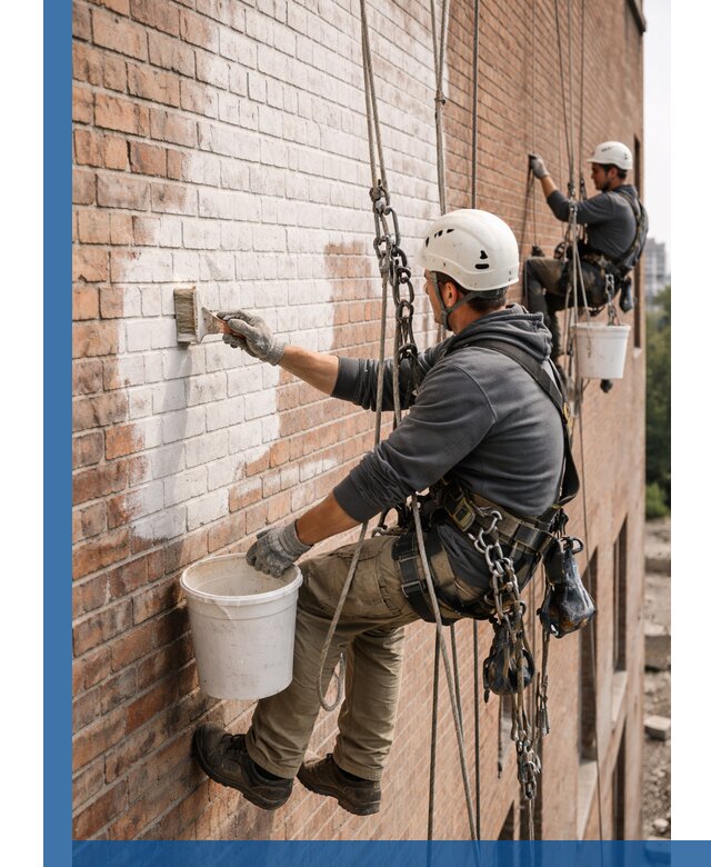 Покраска кирпичного фасада с доступным альпинистским сервисом в Владикавказе