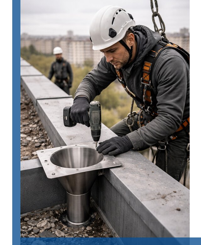 Монтаж водосточных воронок в Владикавказе для промышленных зданий