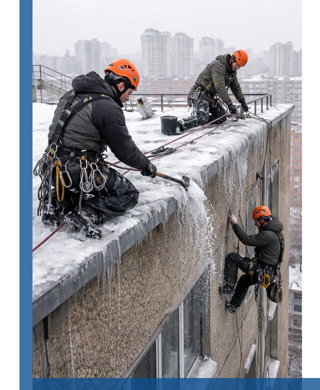 Удаление наледи с кровли в Владикавказе промышленными альпинистами