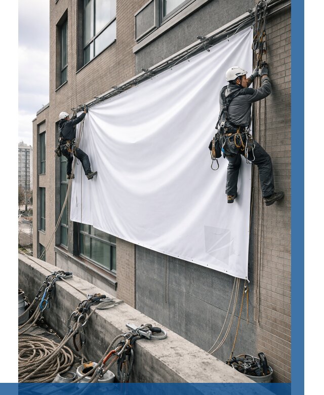 Монтаж баннеров на фасаде в Владикавказе от 670 р. заказать ВЫСОТНИК-Вкз