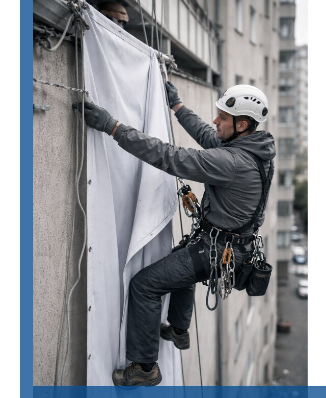 Замена баннерного полотна промышленными альпинистами в Владикавказе