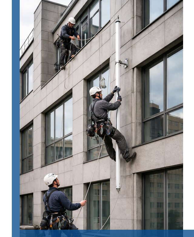 Монтаж флагштока на фасаде здания с креплением и герметикой в Владикавказе