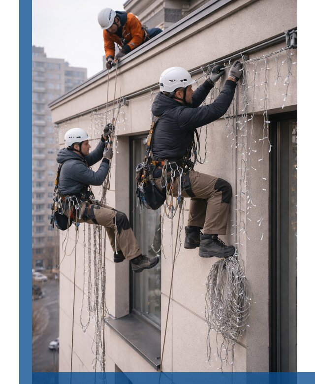 Монтаж праздничных гирлянд на фасаде в Владикавказе для зданий