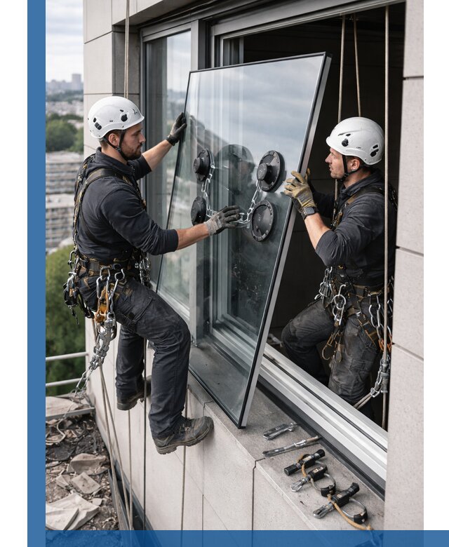 Замена стеклопакетов на высоте с промышленными альпинистами в Владикавказе
