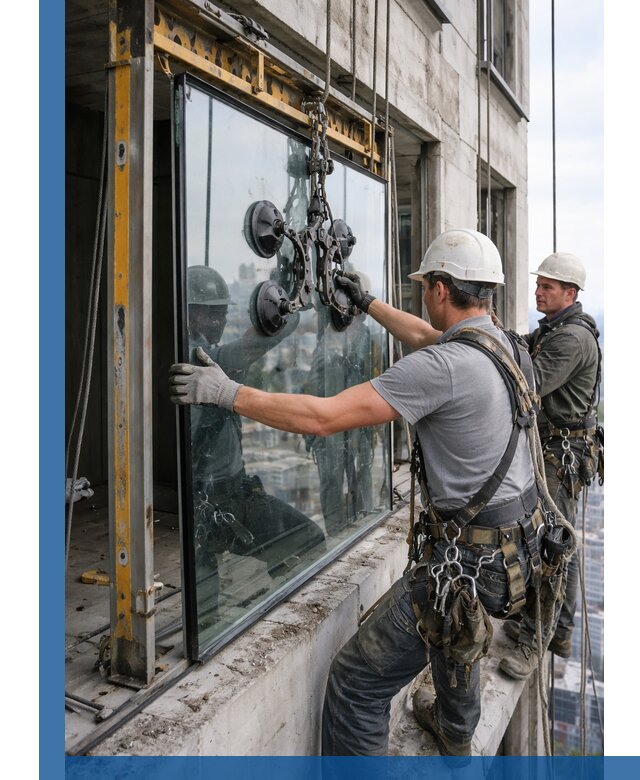 Монтаж стеклопакетов на высоте в Владикавказе с промышленным альпинизмом