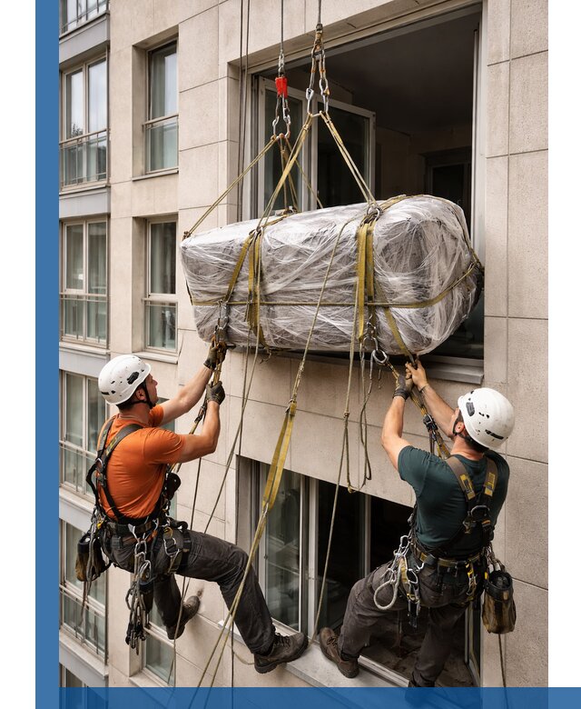 Подъем грузов через окно в Владикавказе промышленными альпинистами