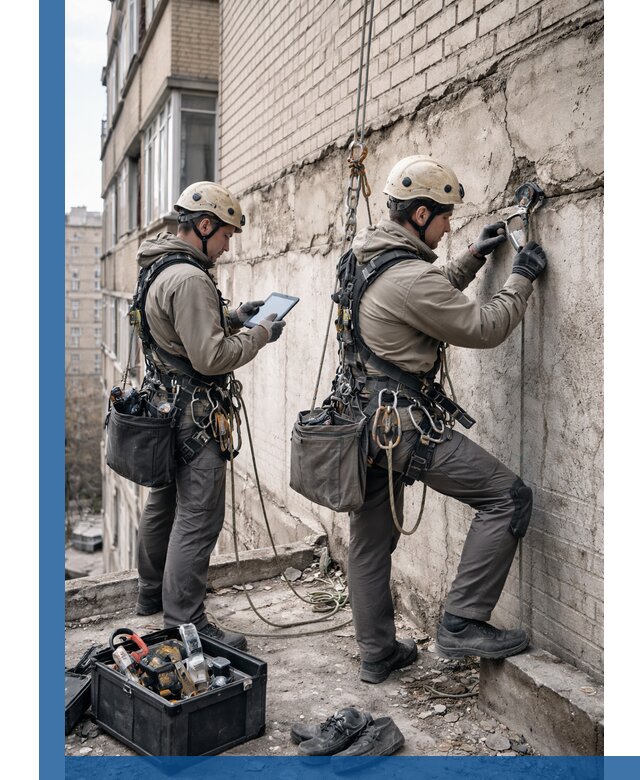 Обследование фасада промышленными альпинистами в Владикавказе